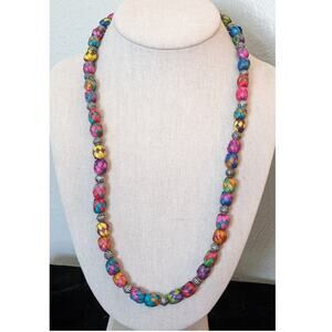 Colorful Hand Braided Palm Straw Toggle Silver Tone Bead 24" Necklace